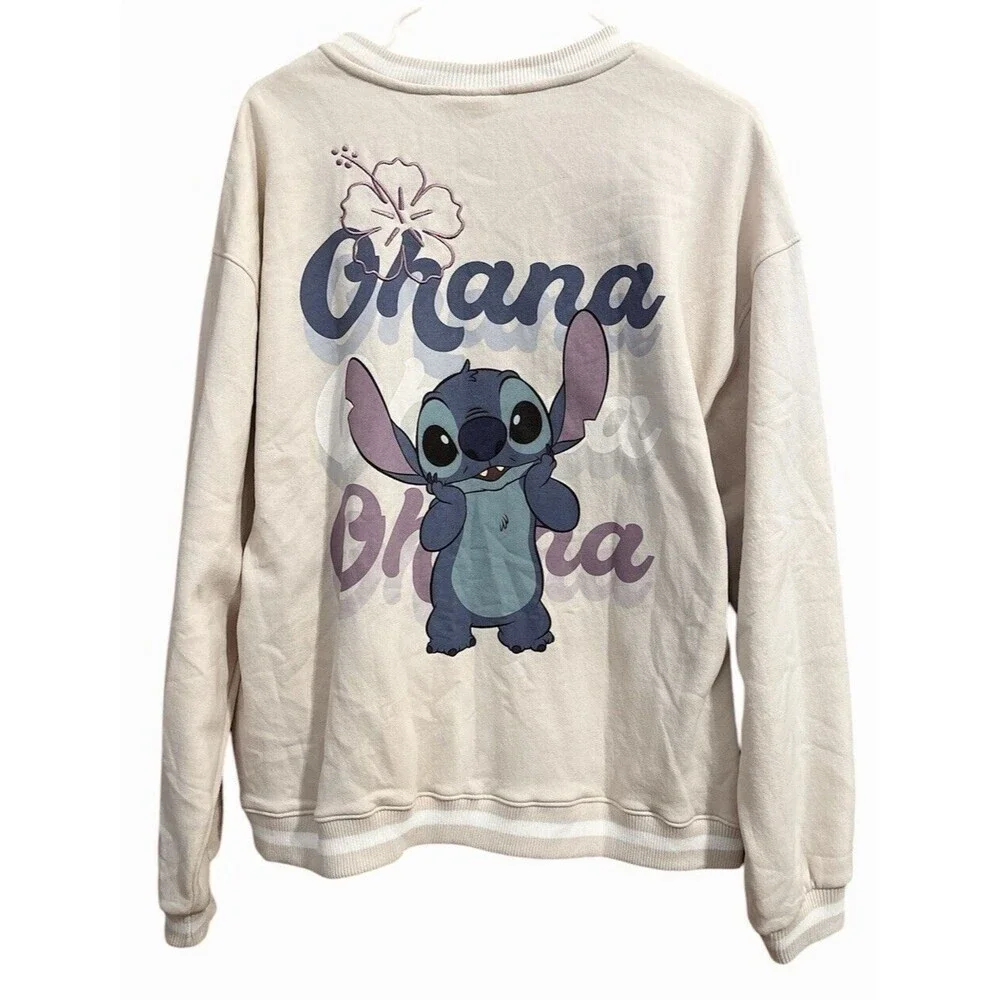 Disney Stitch Baseball Varsity Jacket Size XL Beige Cream Ohana Print - Picture 3 of 8